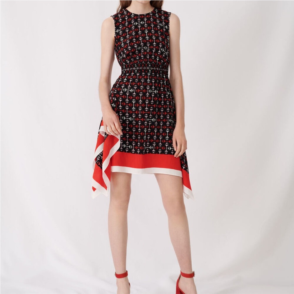 Maje Smocked Satin Horsebit Sleeveless Scarf Print Black Red Asymmetrical Hem 36